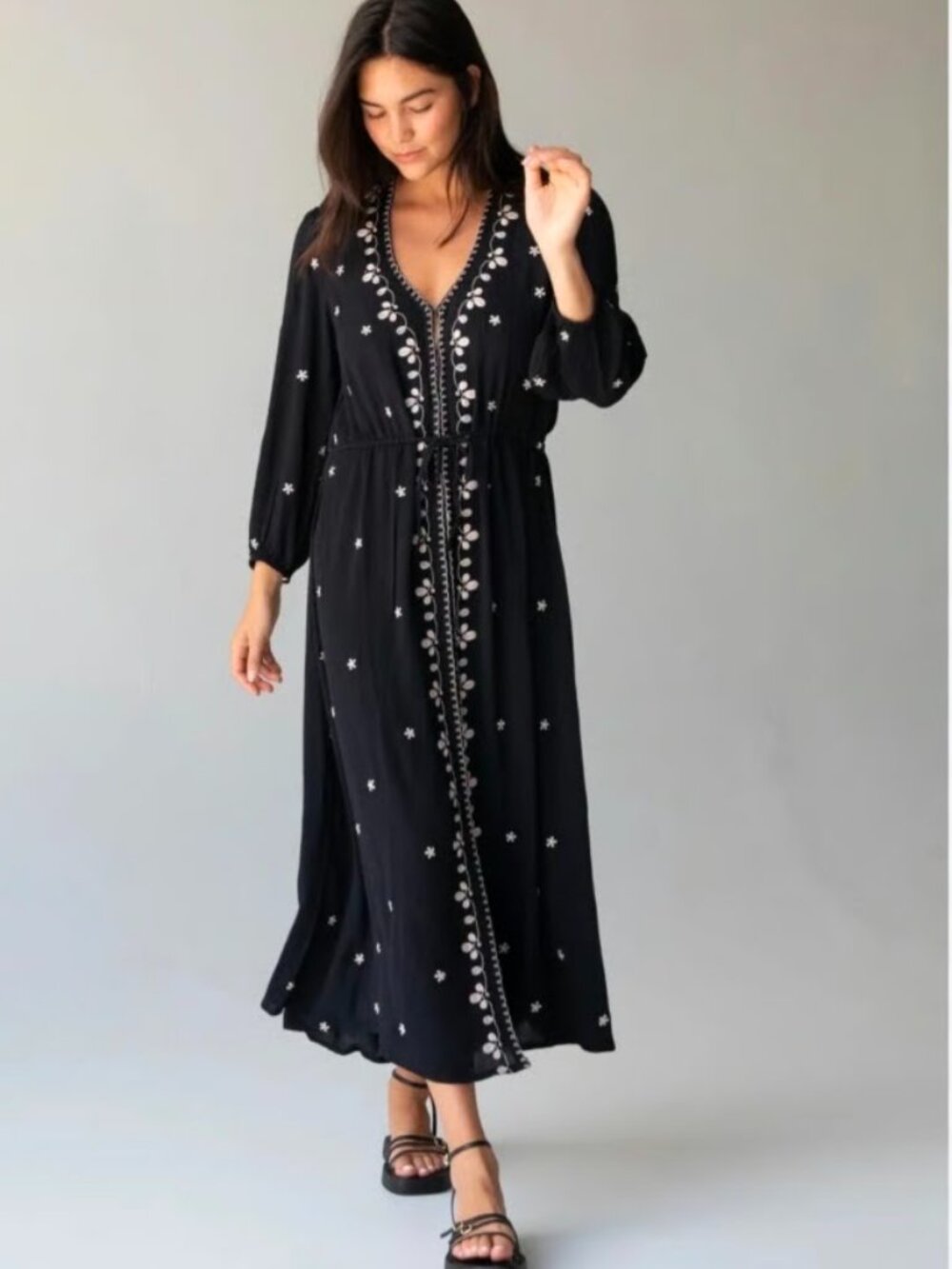 Natural life black maxi midi dress boho embroidered floral small cottagecore